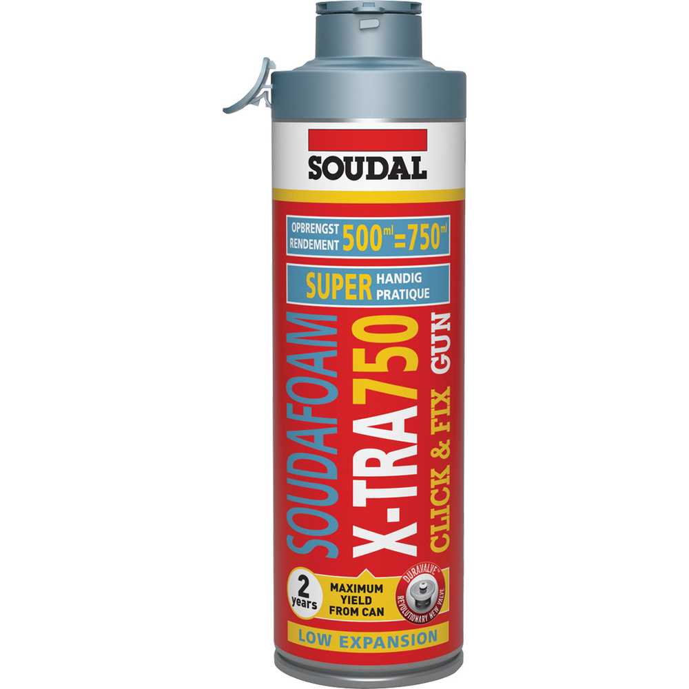 12 aérosols 500ml de SOUDAFOAM x-tra 750 pistolable click & fix duravalve gris - SOUDAL - 114541
