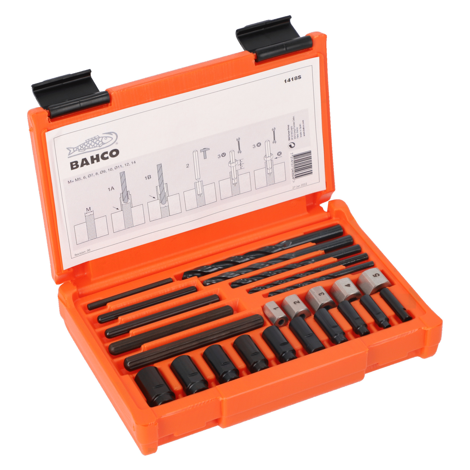 Extracteur de goujons cassés M5-M16 avec guides et forets en boîte plastique BAHCO - 1418S