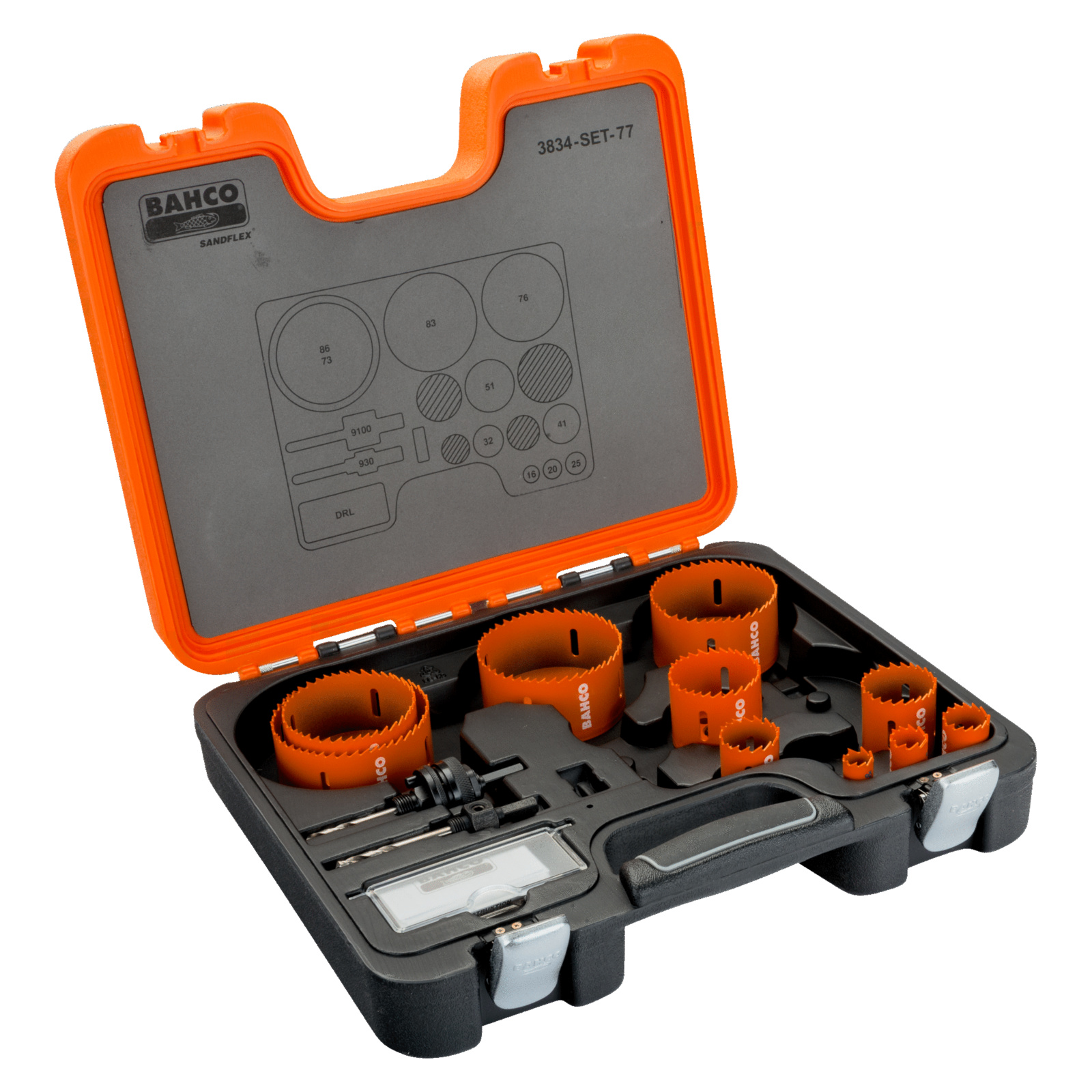 Coffret scies trépans bimétal Sandflex 16-86 mm 13 pièces avec accessoires BAHCO - 3834-SET-77
