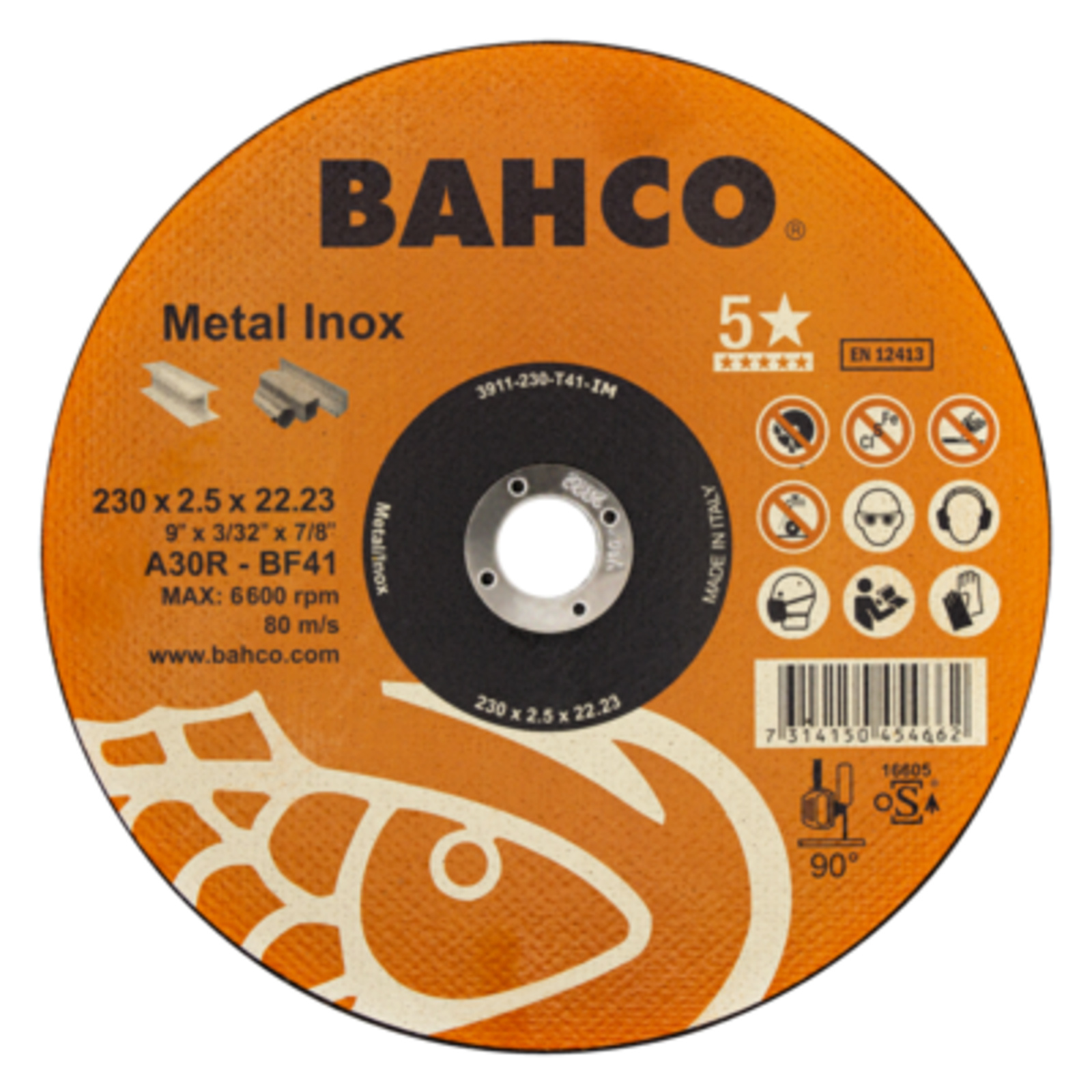 Disque de coupe abrasif inox et métal 180 x 1,6 x 22,23 mm qualité 5 étoiles BAHCO - 3911-1801T41-IM