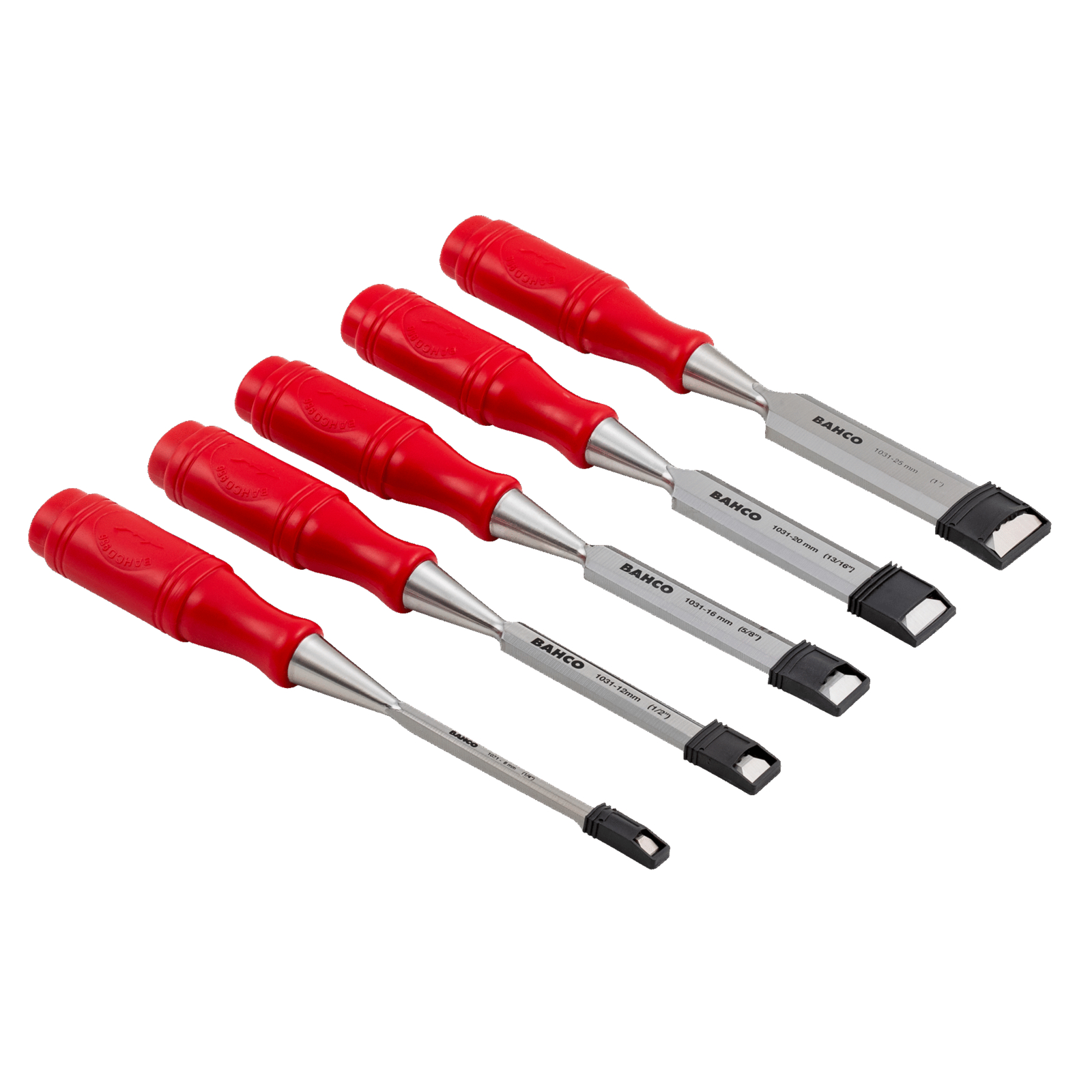 Jeu de burins bois 5 pièces manches polypropylène rouge avec protections BAHCO - 9883
