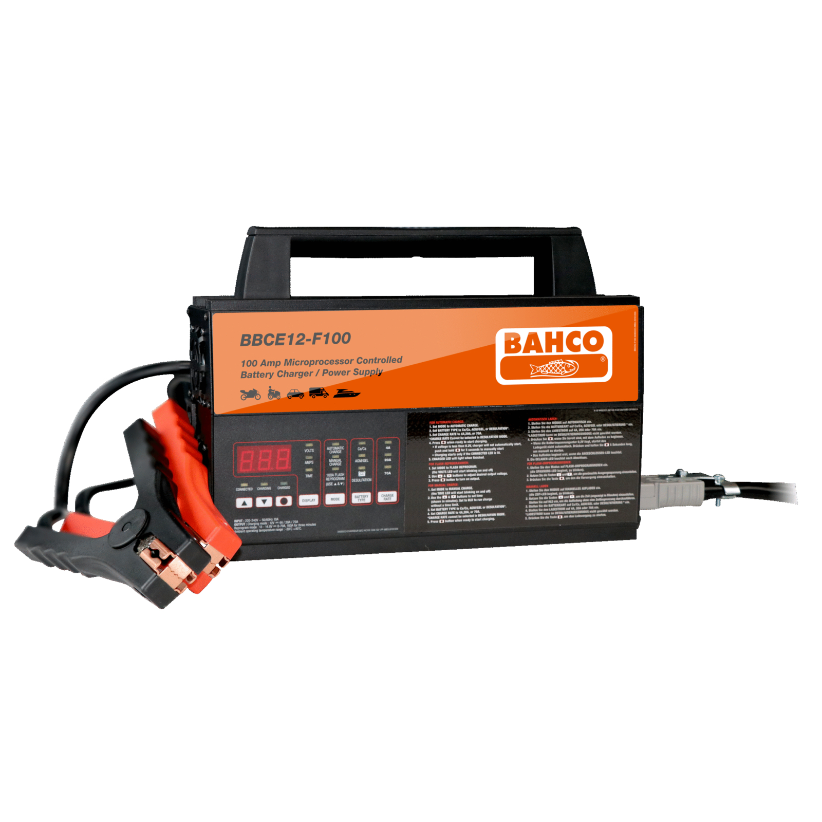 Chargeur mainteneur batterie 12V 4/20/70/100A automatique avec pinces 5 m BAHCO - BBCE12-F100