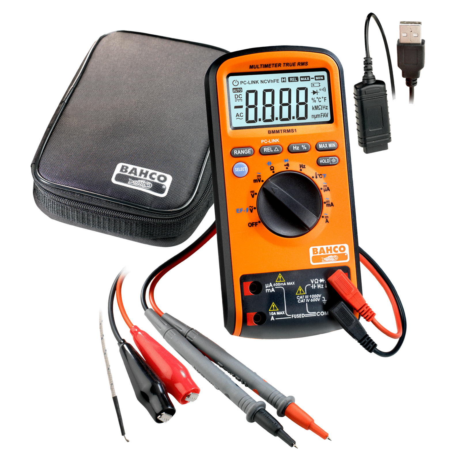 Multimètre digital True RMS 1000 V avec connexion PC et accessoires BAHCO - BMMTRMS1