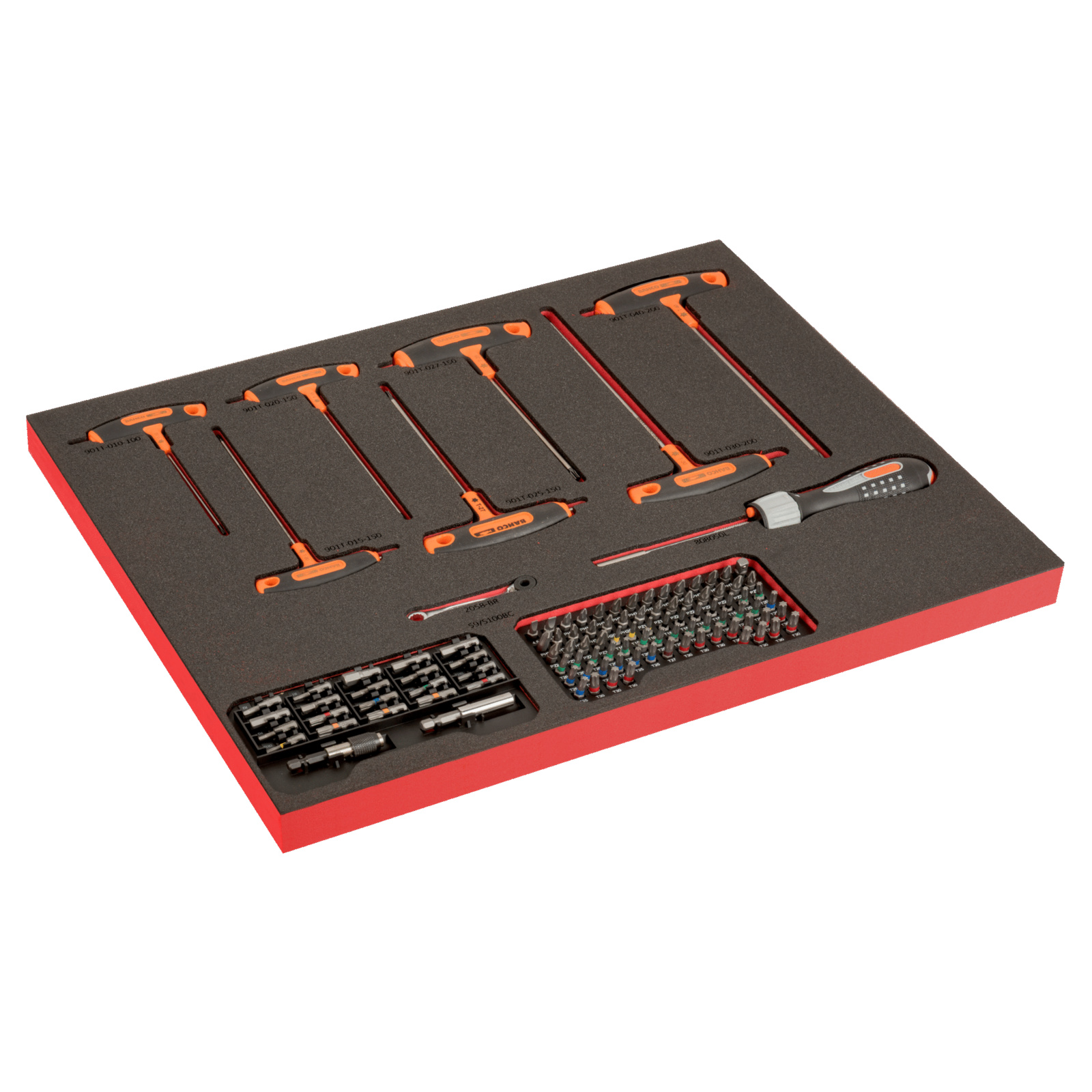 Module mousse Fit&Go 3/3 marquage laser avec tournevis cliquet manche en T et jeu d'embouts 114 pièces BAHCO - FF1A203LM