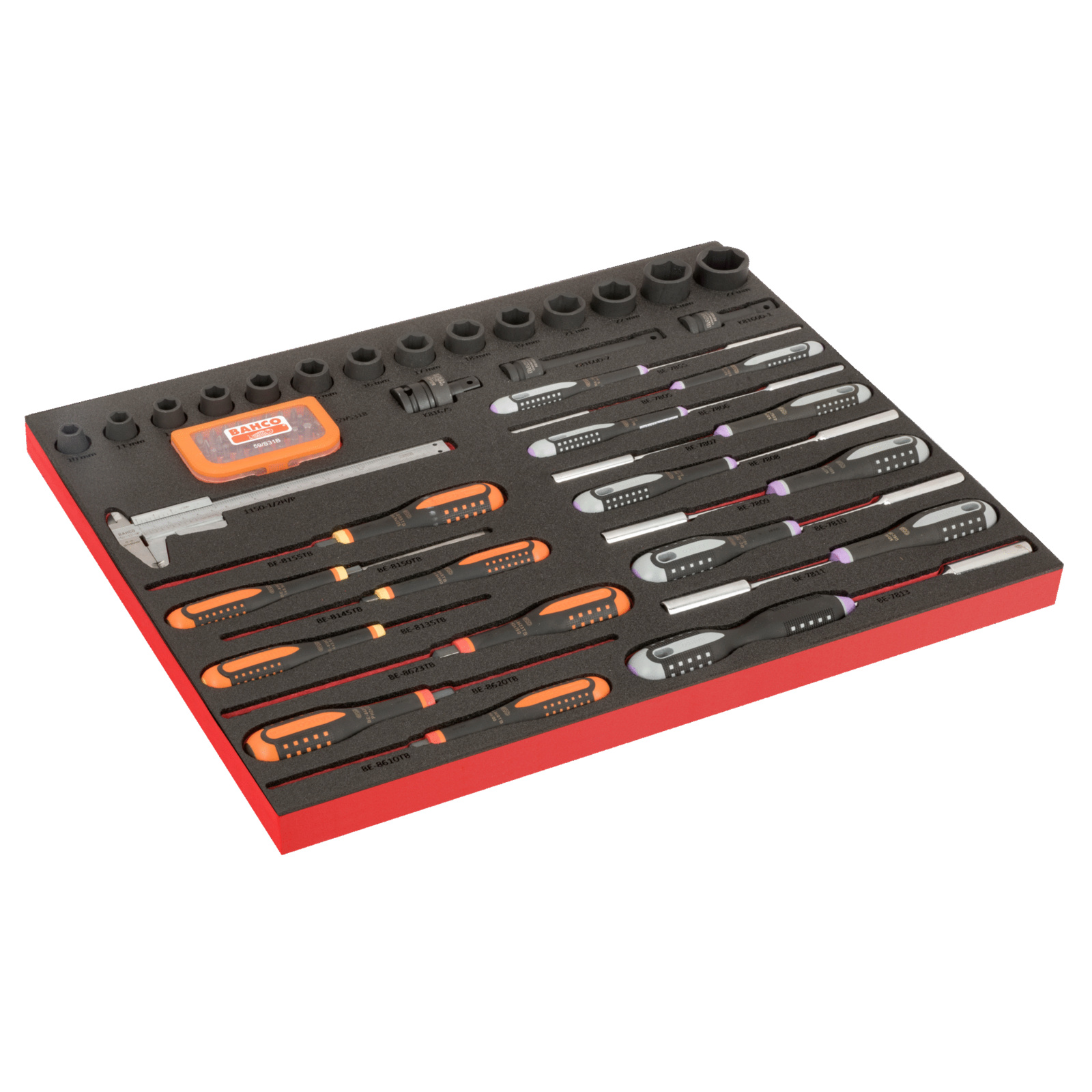 Module mousse Fit&Go 65 pièces tournevis ERGO pied à coulisse 150 mm embouts & douilles à choc 1/2