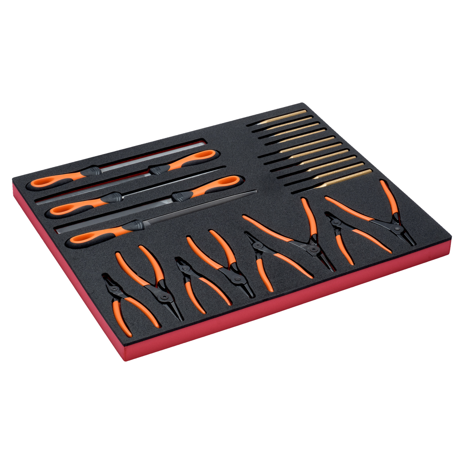 Jeu de limes plates pinces à circlips et chasse-goupilles 23 pcs module mousse 3/3 Fit&Go BAHCO - FF1A51
