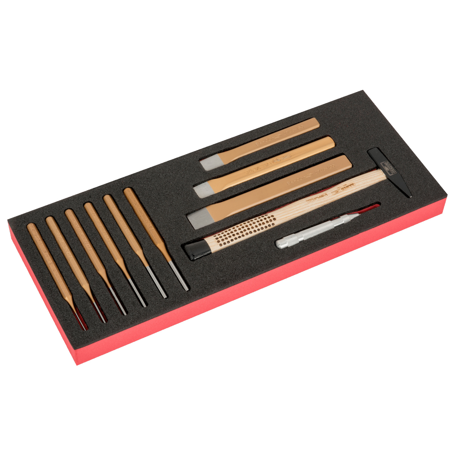 Jeu marteau serrurier 100 g burins plats 150-200 mm chasse-goupilles 2-8 mm mousse Fit&Go 11 pcs BAHCO - FF1E5002