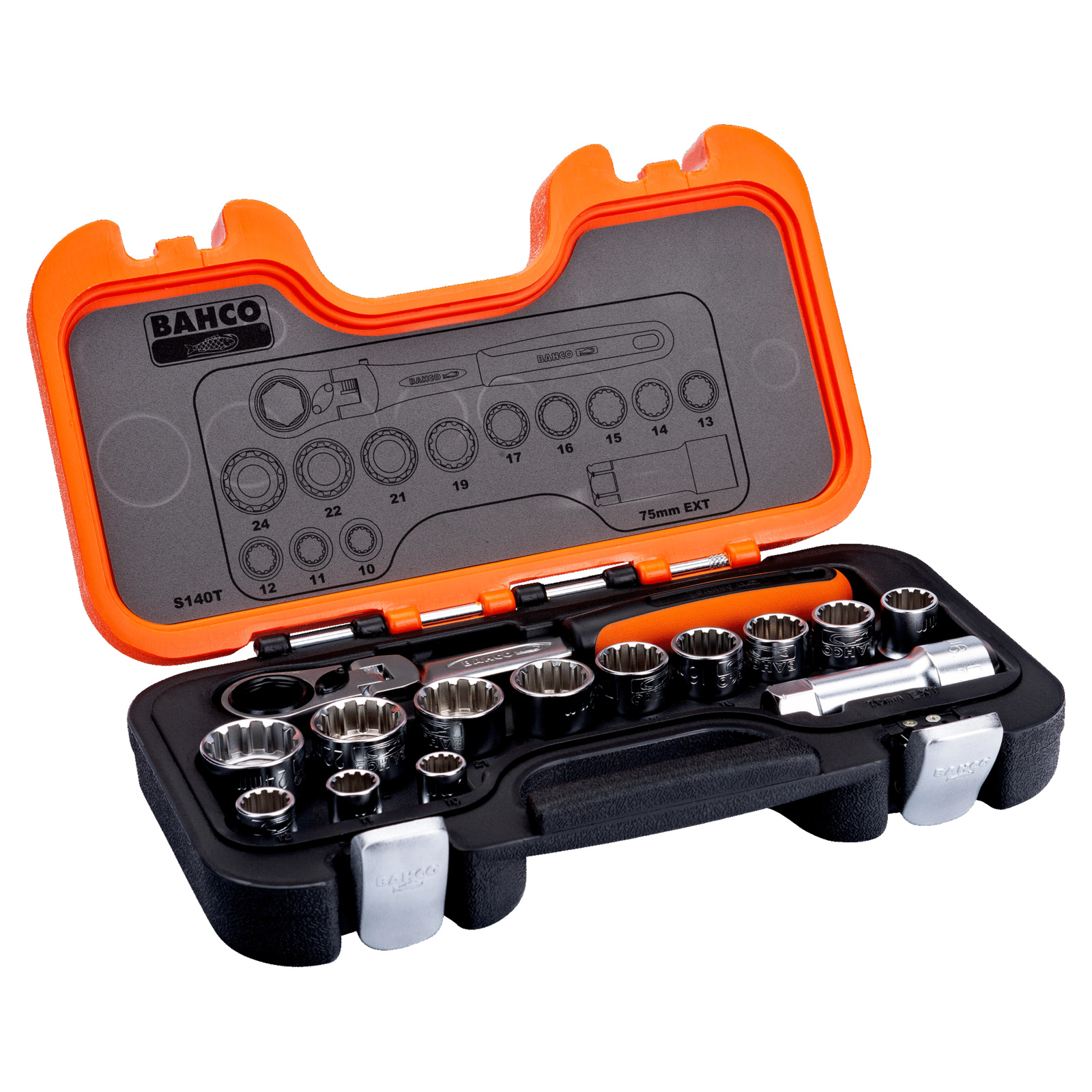 Jeu de douilles traversantes 10-24 mm 14 pcs avec cliquet tête articulée et rallonge BAHCO - S140T
