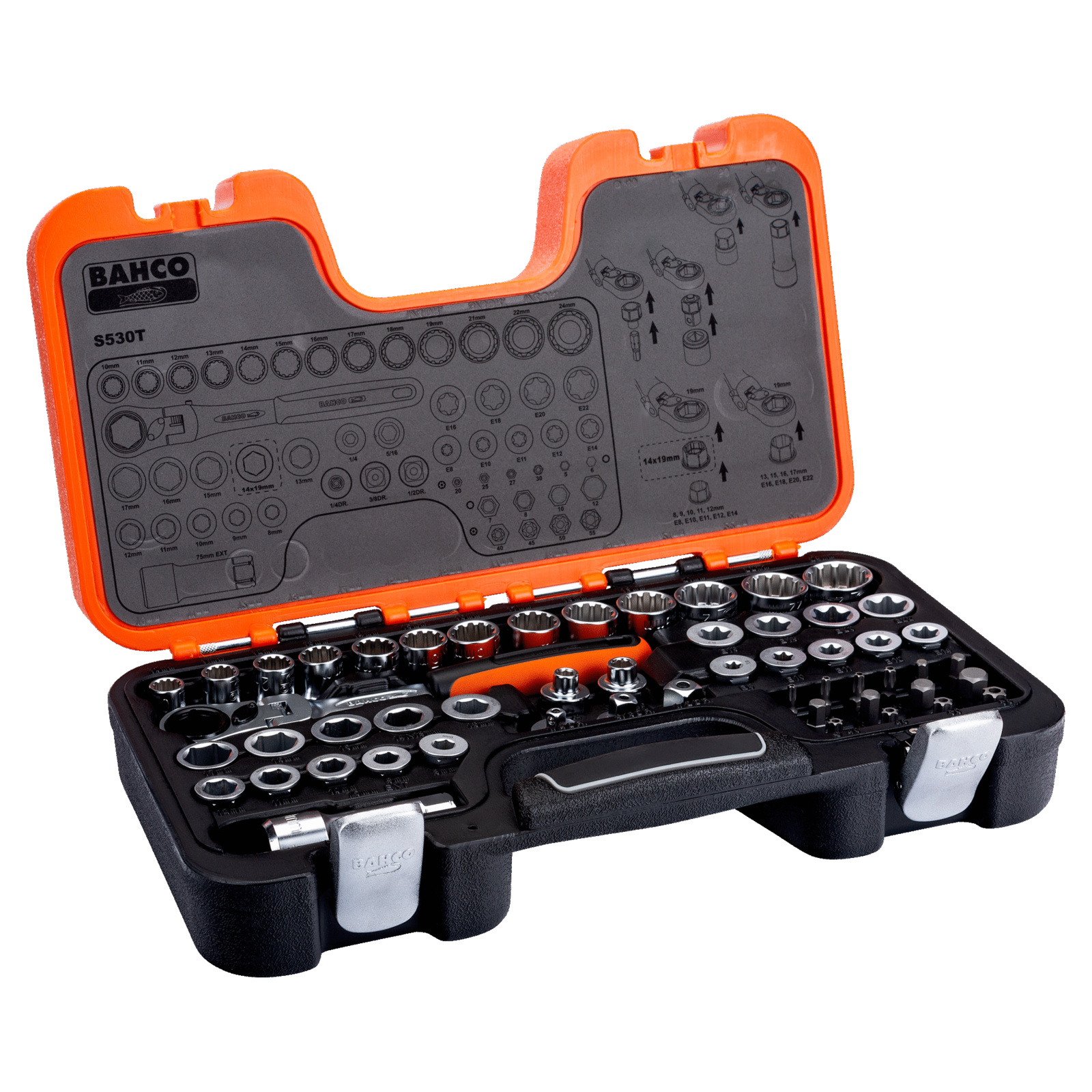 Jeu de douilles traversantes 53 pcs avec cliquet tête articulée et adaptateurs BAHCO - S530T