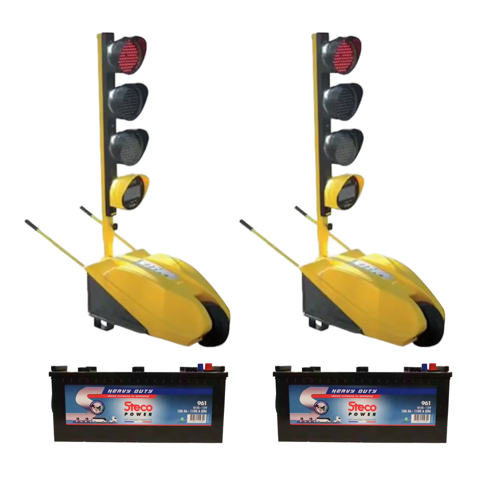 JEU DE 2 FEUX TRICOLORES DE CHANTIER TEMPO AVEC TÉLÉCOMMANDE ET BATTERIES