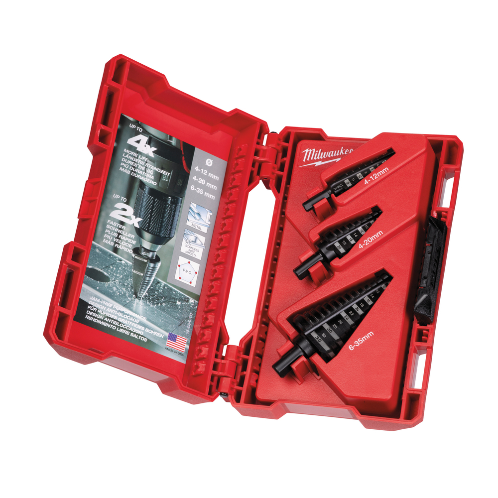 SET DE 3 FORETS ETAGES MILWAUKEE Ø 4 à 12MM PAS 1MM Ø 4 à 20MM PAS 2MM Ø 6 à 35MM PAS 2MM 3MM -48899399