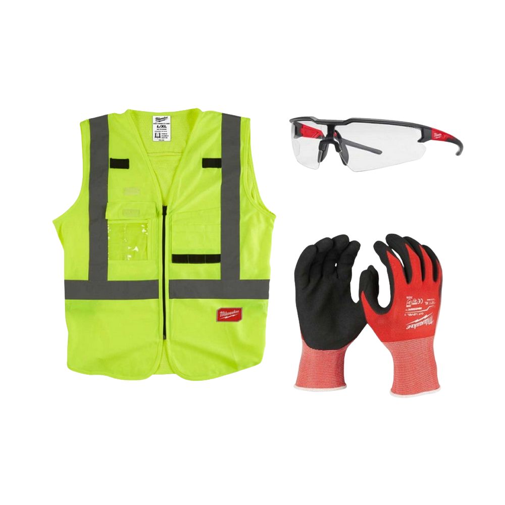 Set EPI gilet jaune fluo + gants + lunettes MILWAUKEE - 4932479959