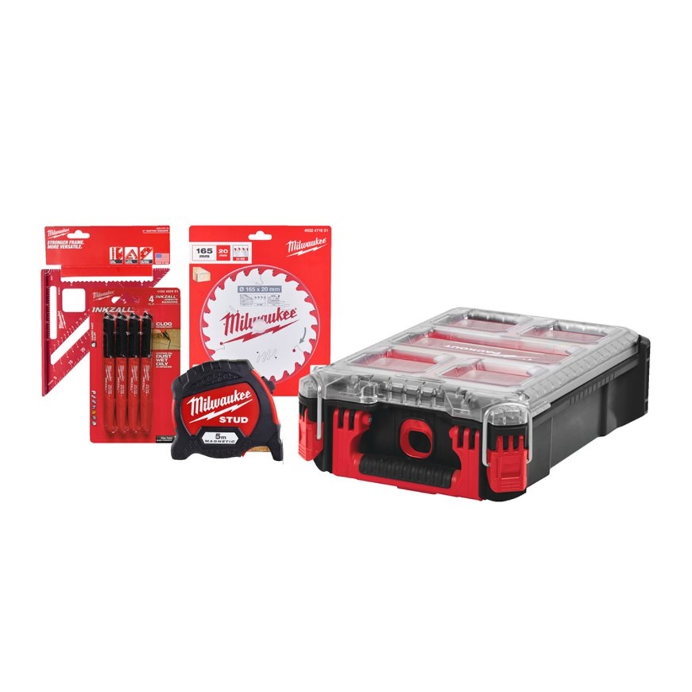 COFFRET DE NOEL POUR MENUISIER/CHARPENTIER MILWAUKEE LAME + EQUERRE + METRE + MARQUEUR + PACKOUT 4932493287