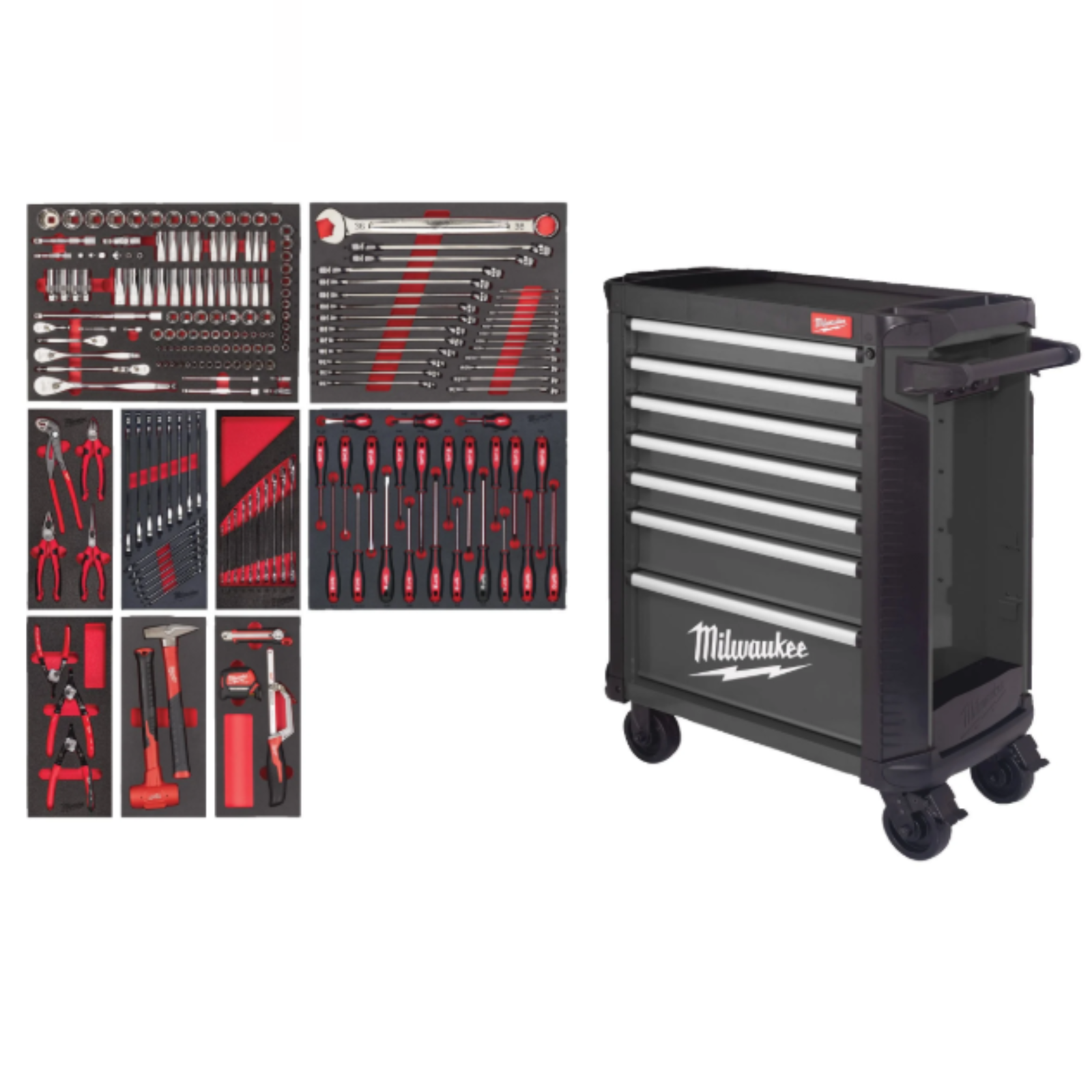Servante MILWAUKEE 78cm grise 7 tiroirs avec 206 outils TOOLGUARD