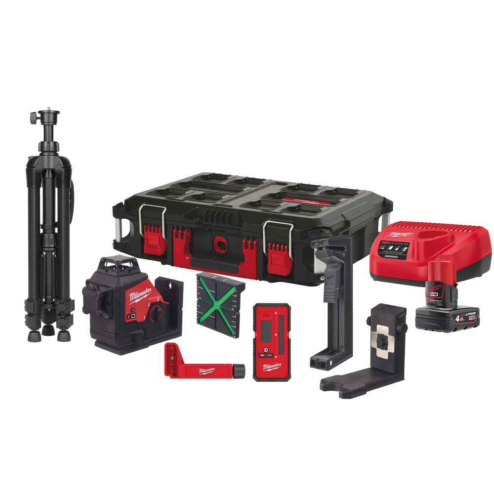 Laser vert 3 lignes vertes 360° Milwaukee M12 3PLKIT-401P 1x4.0Ah + Trépied + Cellule + Coffret Packout - 4933478960