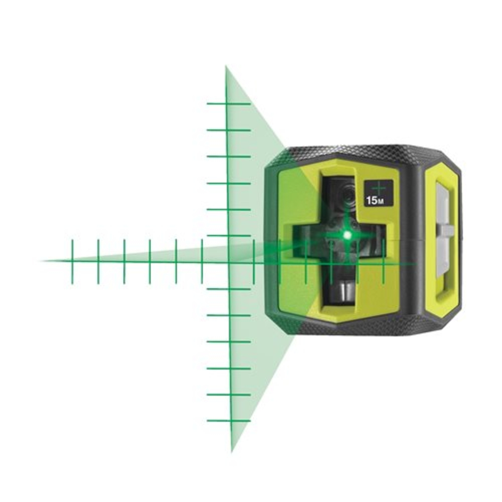 Laser croix vert avec traits de repère - portée 15 m - précision +/- 0,5 mm - Livré avec une cible et 2 piles RYOBI - 5133005497