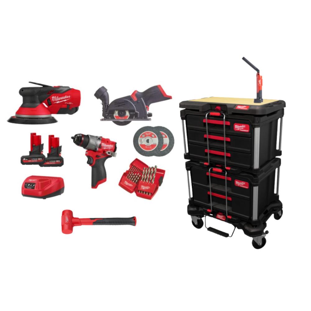 PACK 3 MACHINES MILWAUKEE CARROSSIER FUEL M12 PACKOUT POLISSEUSE + MEULEUSE + VISSEUSE