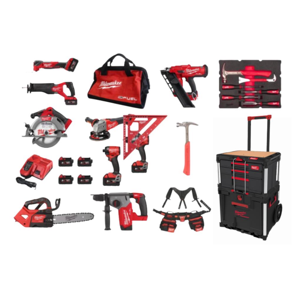 PACK 9 MACHINES MILWAUKEE M18 FUEL PACKOUT CHARPENTIER AVEC BATTERIES