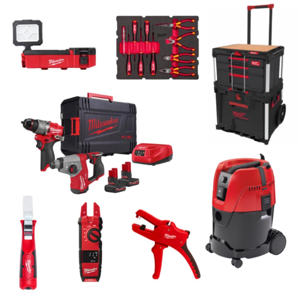 PACK MACHINES MILWAUKEE M12 FUEL ÉLECTRICIEN PACKOUT + ASPIRATEUR + OUTILS À MAIN