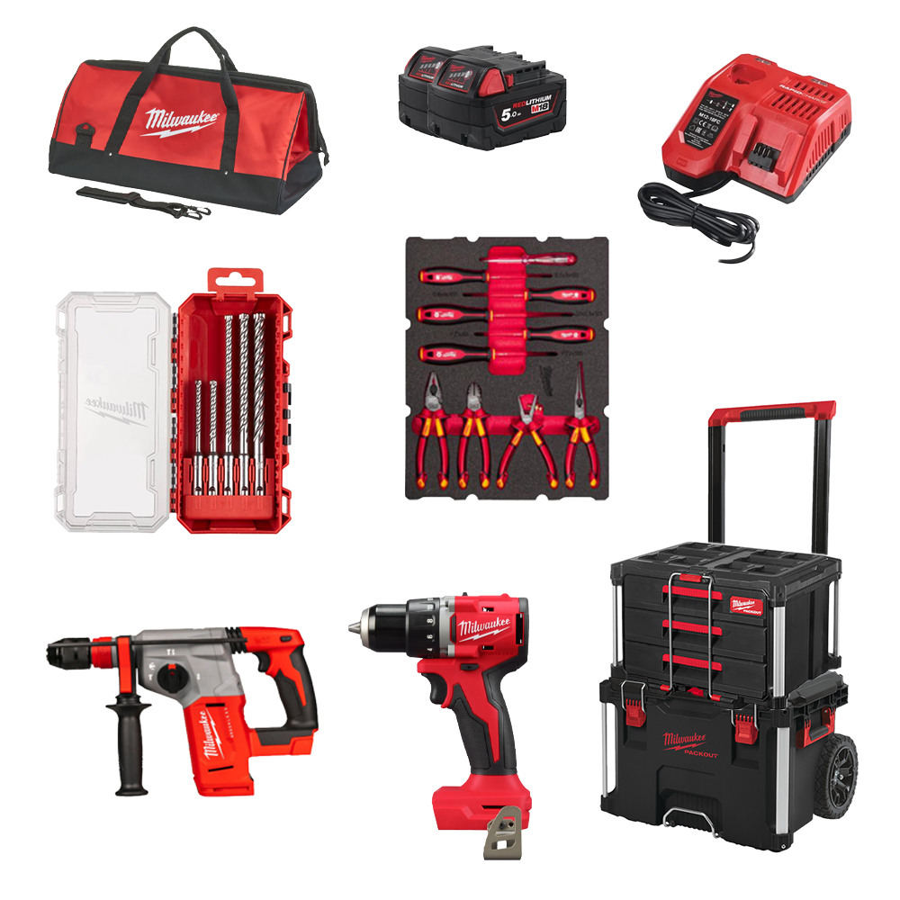 PACK 2 MACHINES M18 ÉLECTRICIEN PACKOUT + COFFRET FORETS SDS PLUS