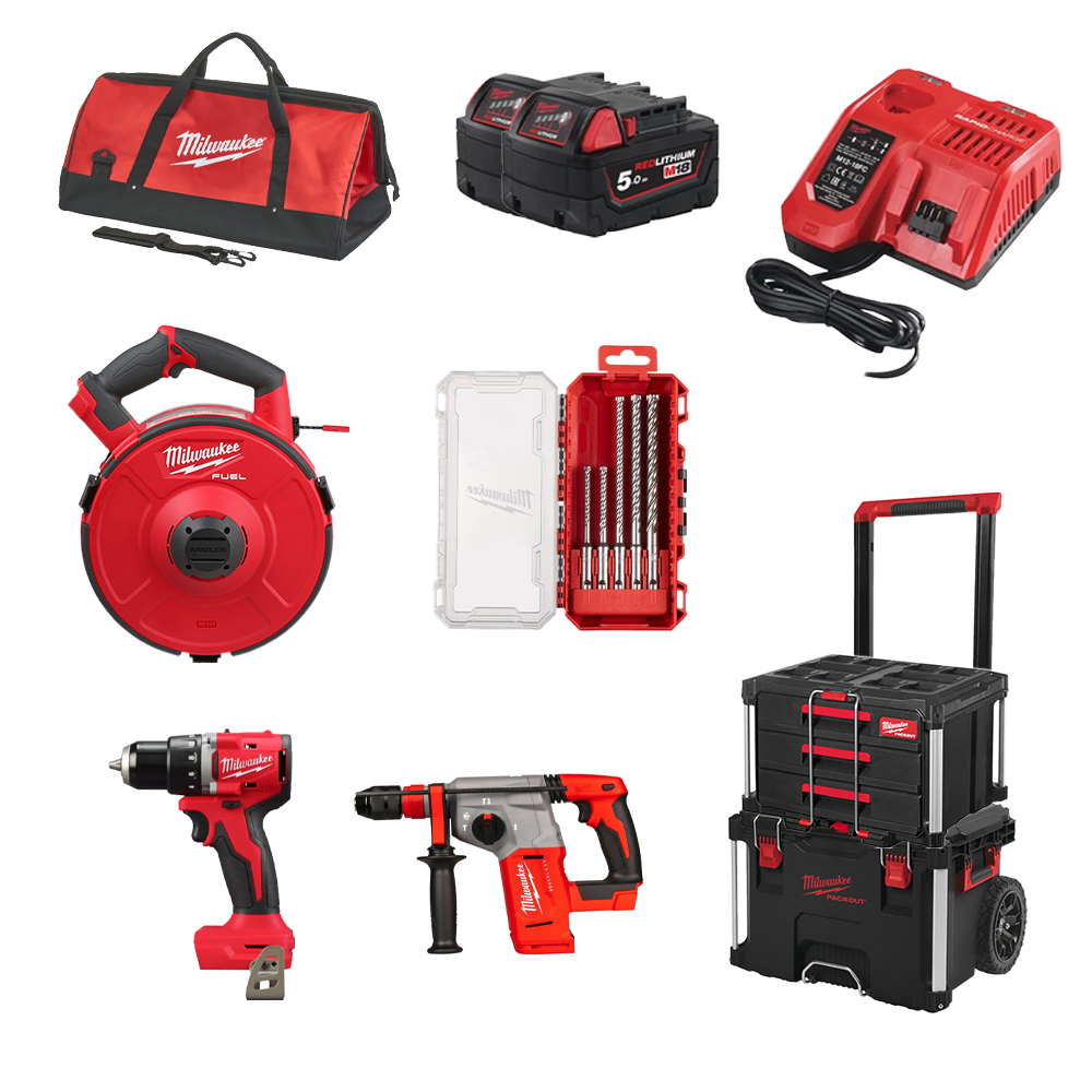 PACK 3 MACHINES MILWAUKEE M18 ÉLECTRICIEN PACKOUT + COFFRET FORETS SDS PLUS