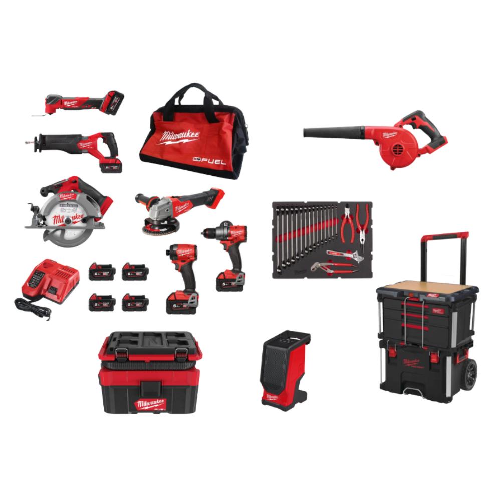 Pack MILWAUKEE 8 machines M18 FUEL packout + outils + enceinte bluetooth + aspirateur
