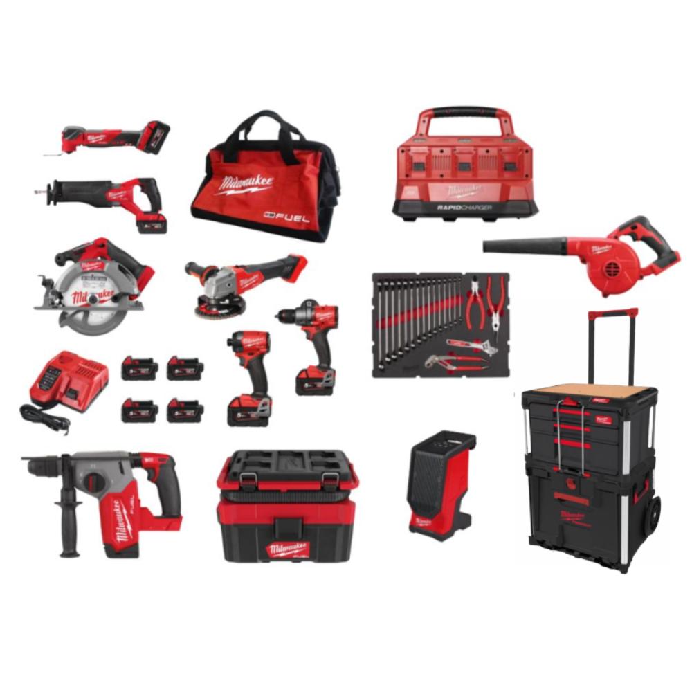 Pack MILWAUKEE 9 machines M18 FUEL packout + outils + enceinte bluetooth + aspirateur