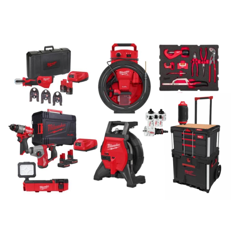 PACK 5 MACHINES MILWAUKEE PLOMBIER M12 SERTISSEUSE + CAMERA + DEBOUCHEUR + PACKOUT