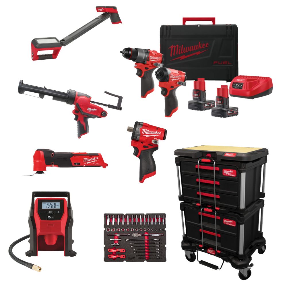 PACK MILWAUKEE 5 MACHINES GARAGISTE + PACKOUT SERVANTE + COMPRESSEUR
