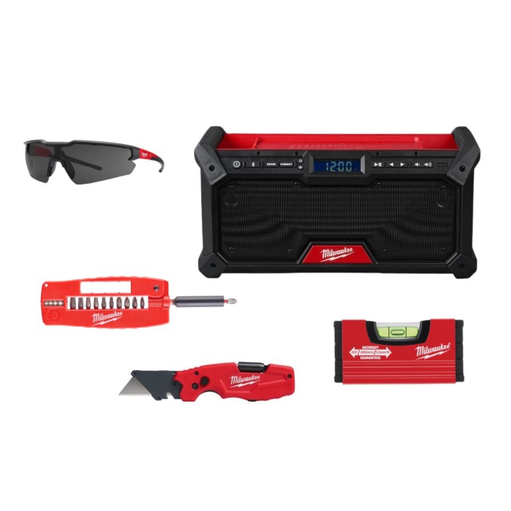 PACK CADEAUX MILWAUKEE ENCEINTE + TOURNEVIS + NIVEAU + LUNETTE + CUTTER