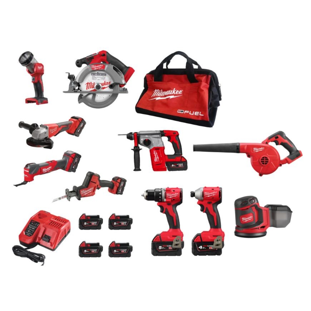 Powerpack 10 machines MILWAUKEE 18V FUEL M18 FPP8H-504B + SOUFFLEUR ET PONCEUSE 125MM