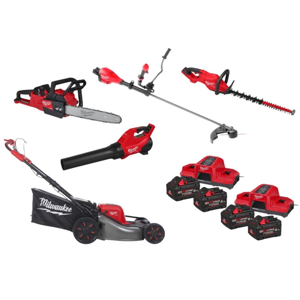 Pack MILWAUKEE JARDIN FORGE tondeuse + tronçonneuse + souffleur + taille haies + débrousailleuse