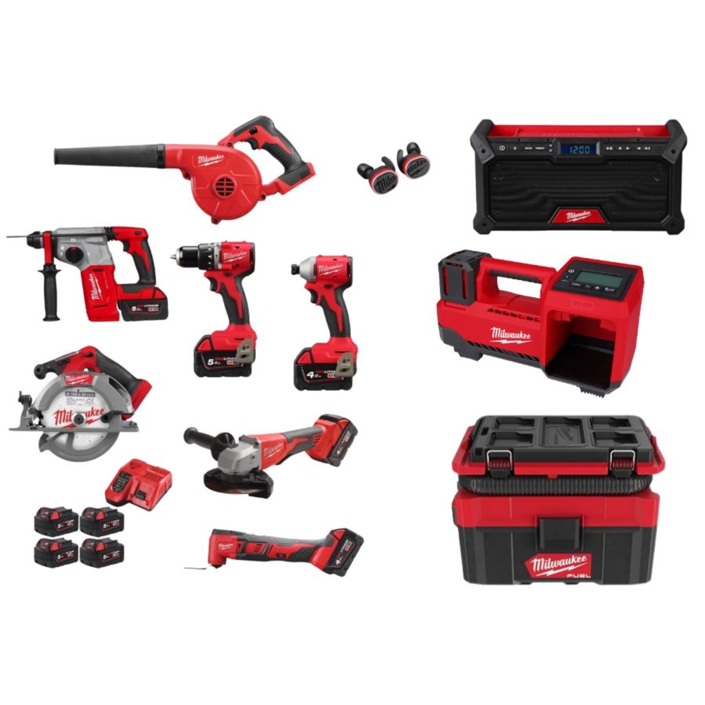 Pack complet MILWAUKEE 6 machines M18 + musique + aspirateur + gonfleur