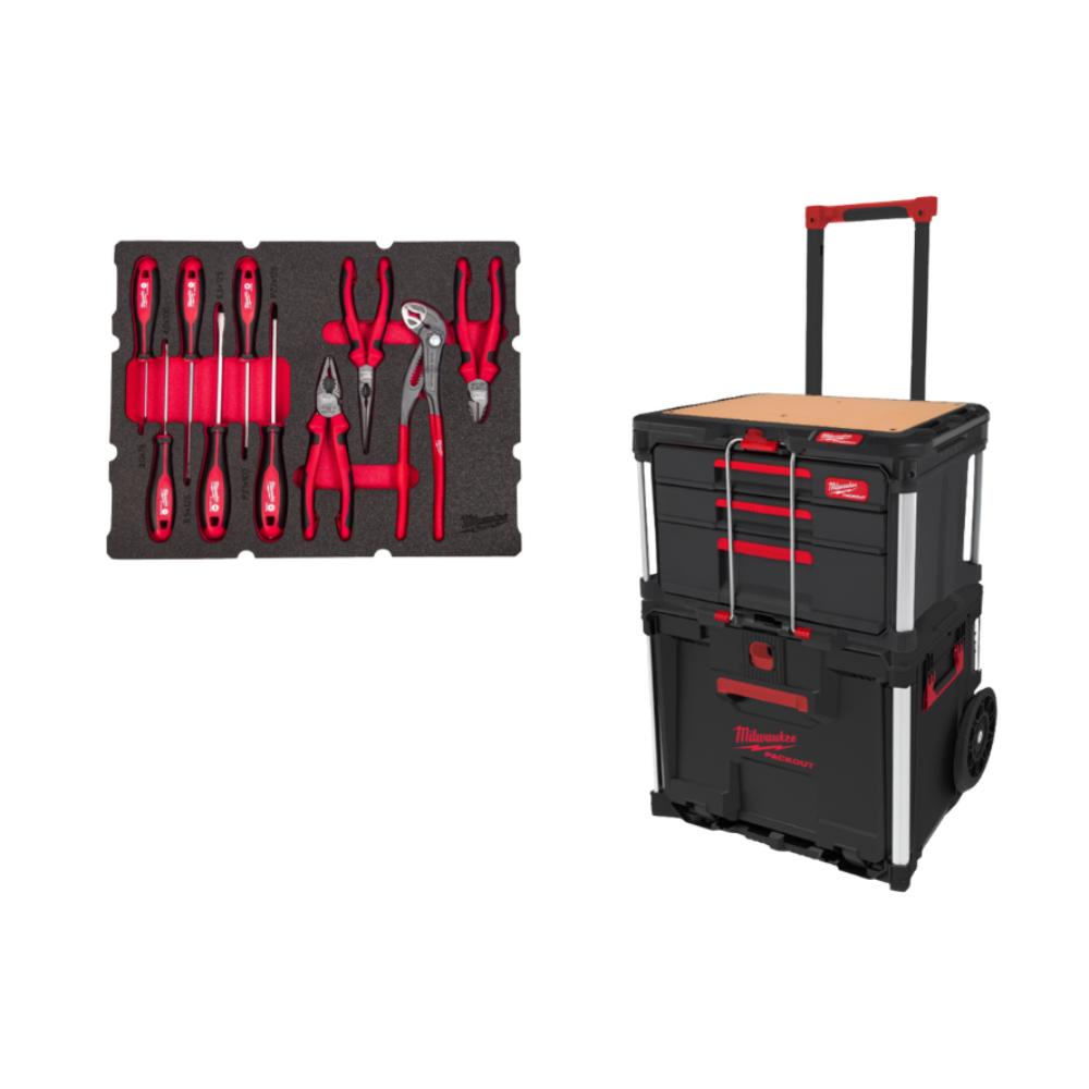 PACKOUT MILWAUKEE ÉQUIPÉ TROLLEY AVEC TIROIRS OUTILS A MAIN TOURNEVIS PINCES