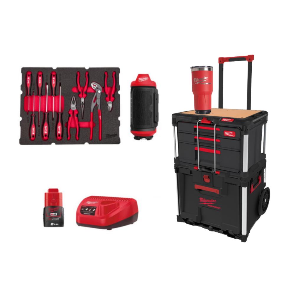 PACKOUT MILWAUKEE TROLLEY TIROIRS AVEC OUTILS A MAIN + ENCEINTE