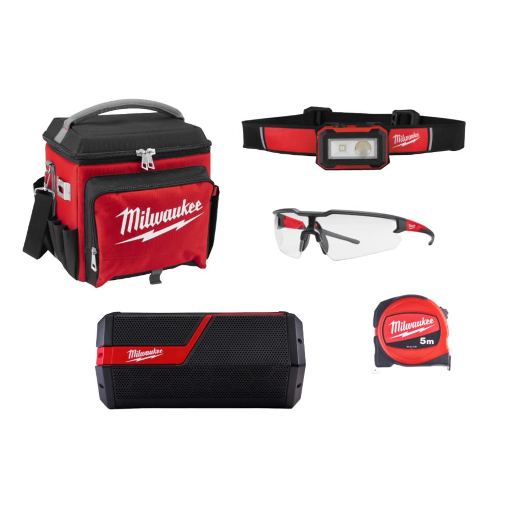 Pack de noël MILWAUKEE enceinte + glacière + frontale + lunette + mètre