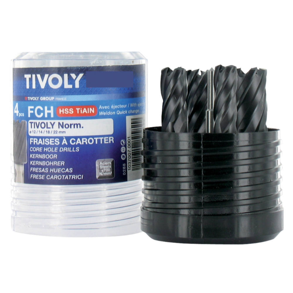 Coffret de 5 pièces - 4 fraises à carotter HSS revêtues TiALN Ø 12 à 22mm + 1 éjecteur TIVOLY - 10370070001