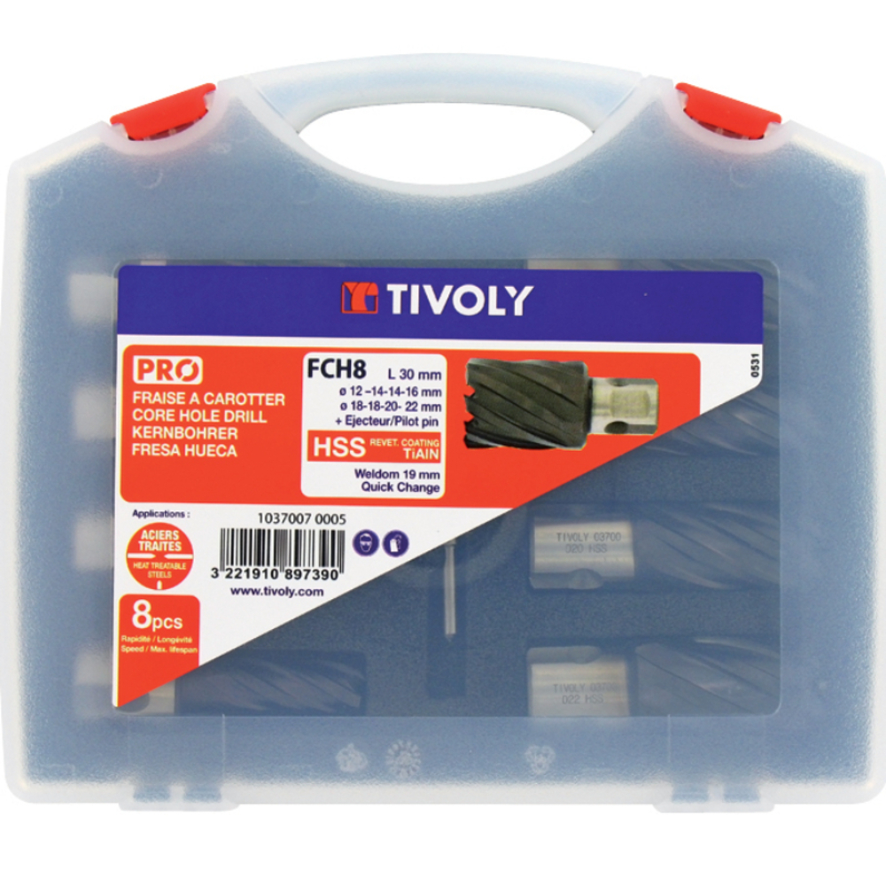 Mallette de 9 pièces - 8 fraises à carotter HSS revêtues TiAlN Ø 12 à 22mm + 1 éjecteur TIVOLY - 10370070005