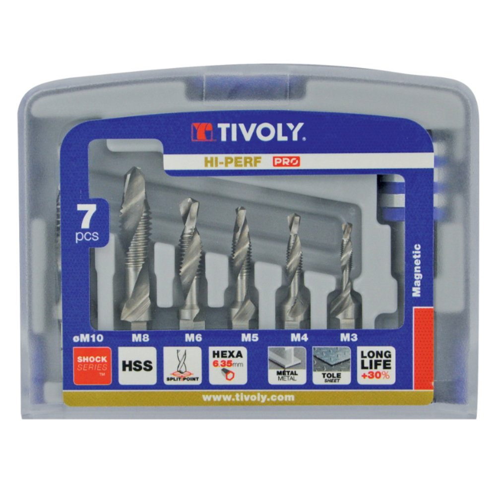 7 pièces - 6 forets taraudeurs fraisureurs HSS queue hexagonale M3 à M10 -Porte-embout Quick change TIVOLY - 10502970001