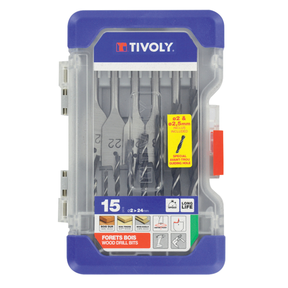 15 pièces -9 forets bois 3 pointes Ø 2 à 10mm + 6 méches bois plates Ø 14 à 24mm TIVOLY - 10802470001