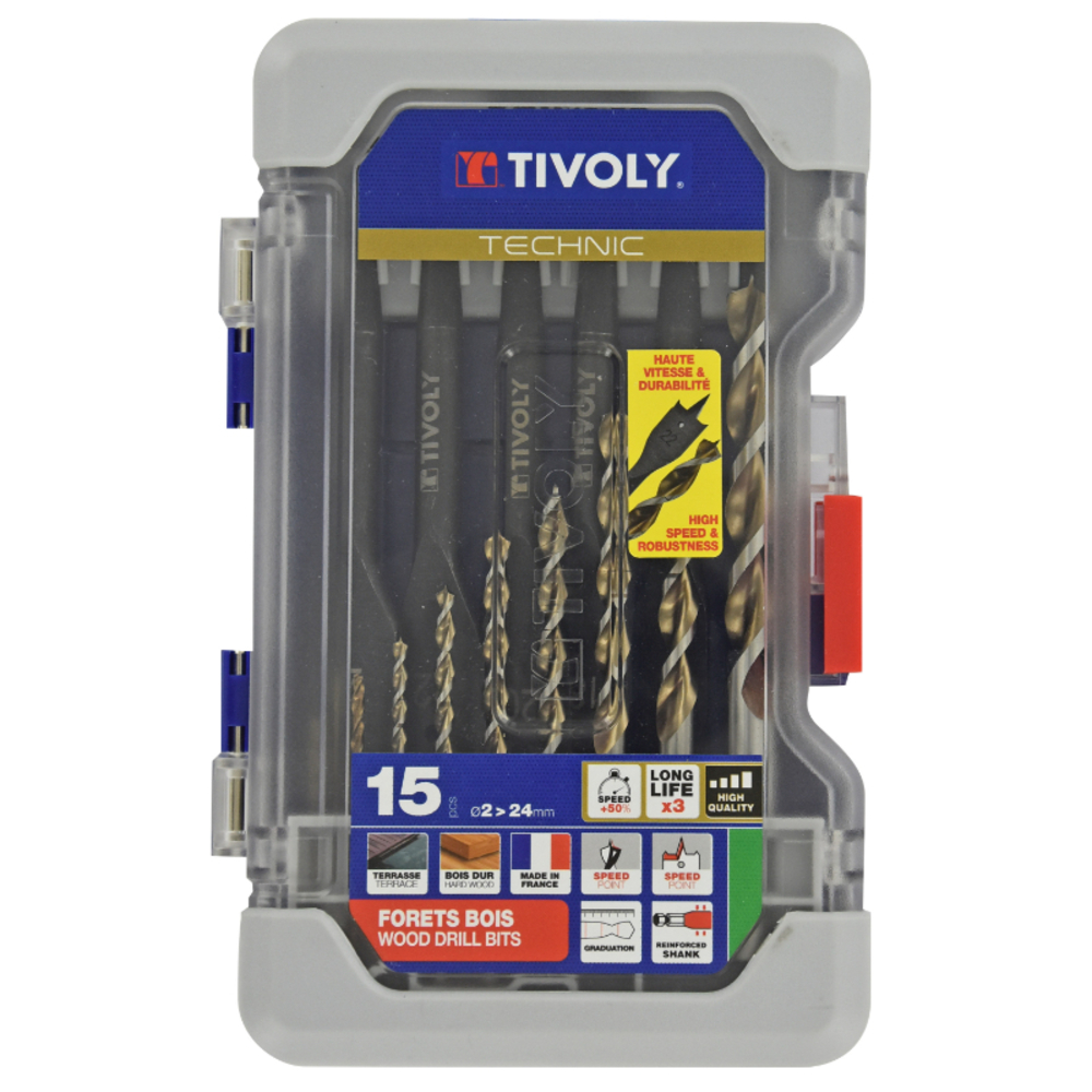 15 pièces -9 forets bois HSS speed point Ø 2 à 10mm + 6 mèches bois plates Ø 14 à 24mm TIVOLY - 10802470002