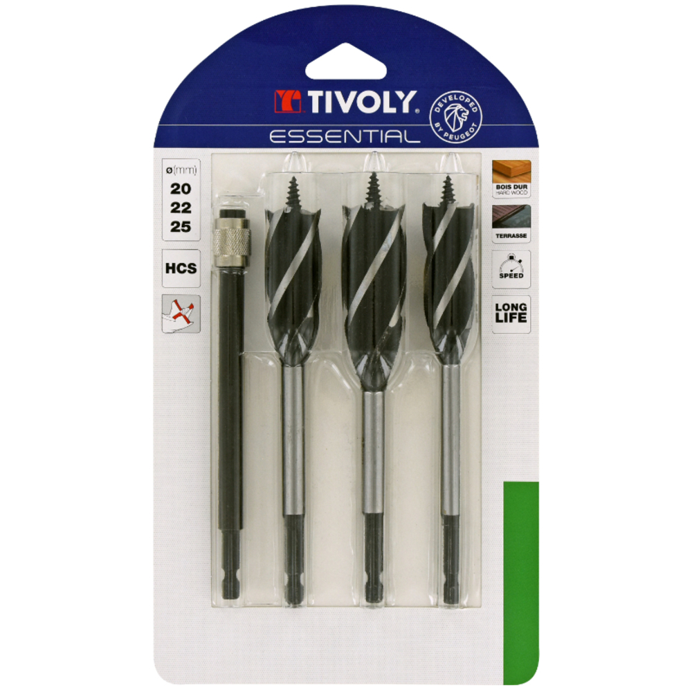 4 pièces -3 forets bois 4 taillants Ø 20 à 25mm + 1 rallonge TIVOLY - 10802720001