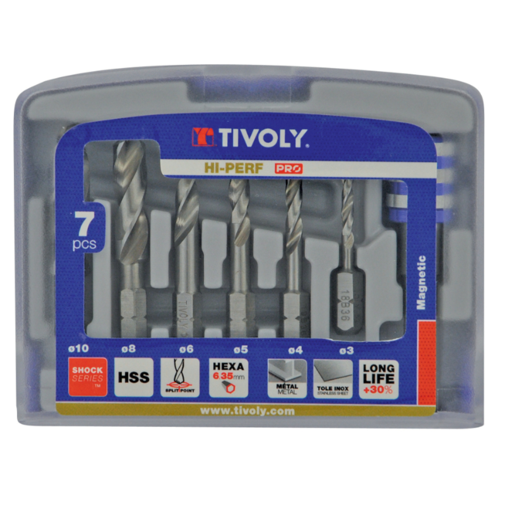 7 pièces - 6 forets métaux HSS monoblocs pointe en croix queue hexagonale 1/4’’ Ø 3 à 10mm + 1 porte-embout TIVOLY - 11437070002