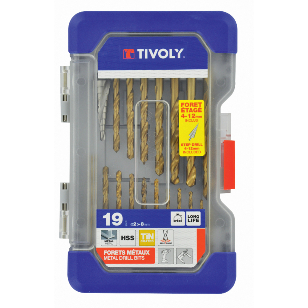 19 pièces -18 forets métaux laminés revêtus TiN Ø 2 à 8mm + 1 foret étagé TIVOLY - 11437370001