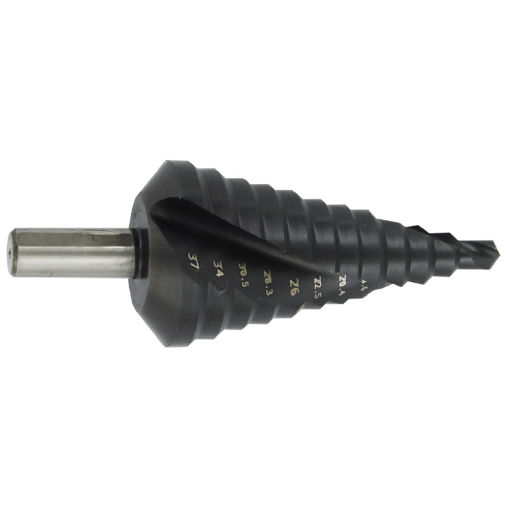 Foret conique étagé HSS -Revêtu TiAlN -TivolyNorm -Hélicoïdal -Pointe en croix -Queue à 3 méplats / ØMin/Max : 6/37 TIVOLY - 11438720637