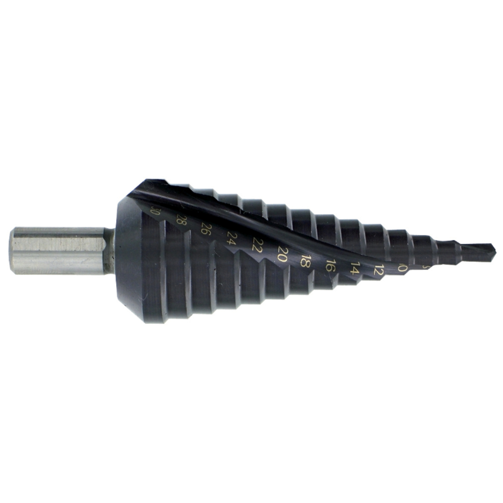 Foret conique étagé HSS-E5 -Revêtu TiAlN -TivolyNorm -Hélicoïdal -Pointe en croix -Queue à 3 méplats / ØMin/Max : 4/30 TIVOLY - 11448720430