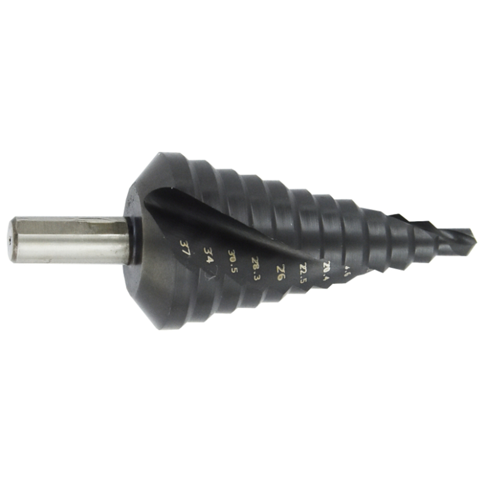 Foret conique étagé HSS-E5 -Revêtu TiAlN -TivolyNorm -Hélicoïdal -Pointe en croix -Queue à 3 méplats / ØMin/Max : 6/37 TIVOLY - 11448720637