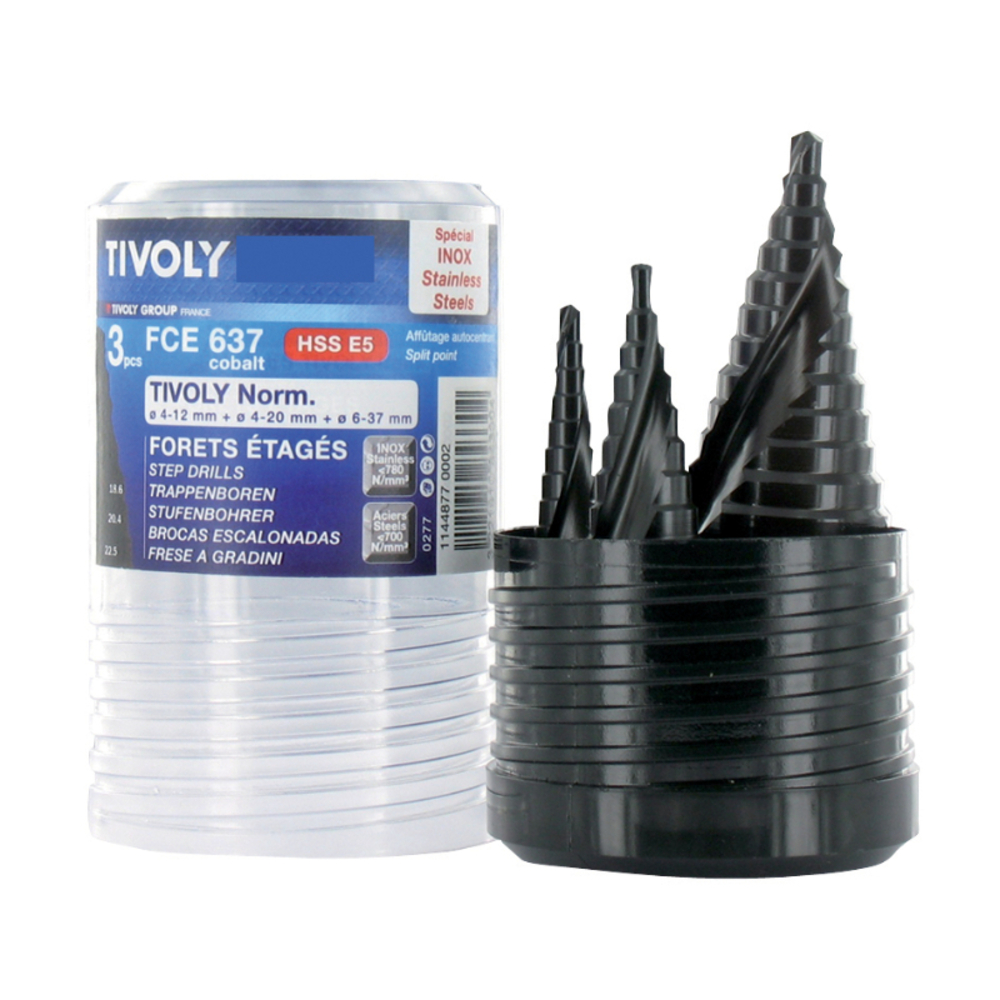 3 forets étagés HSS-E5 (Cobalt 5%) revêtus TiAlN Ø 4 à 37mm TIVOLY - 11448770002