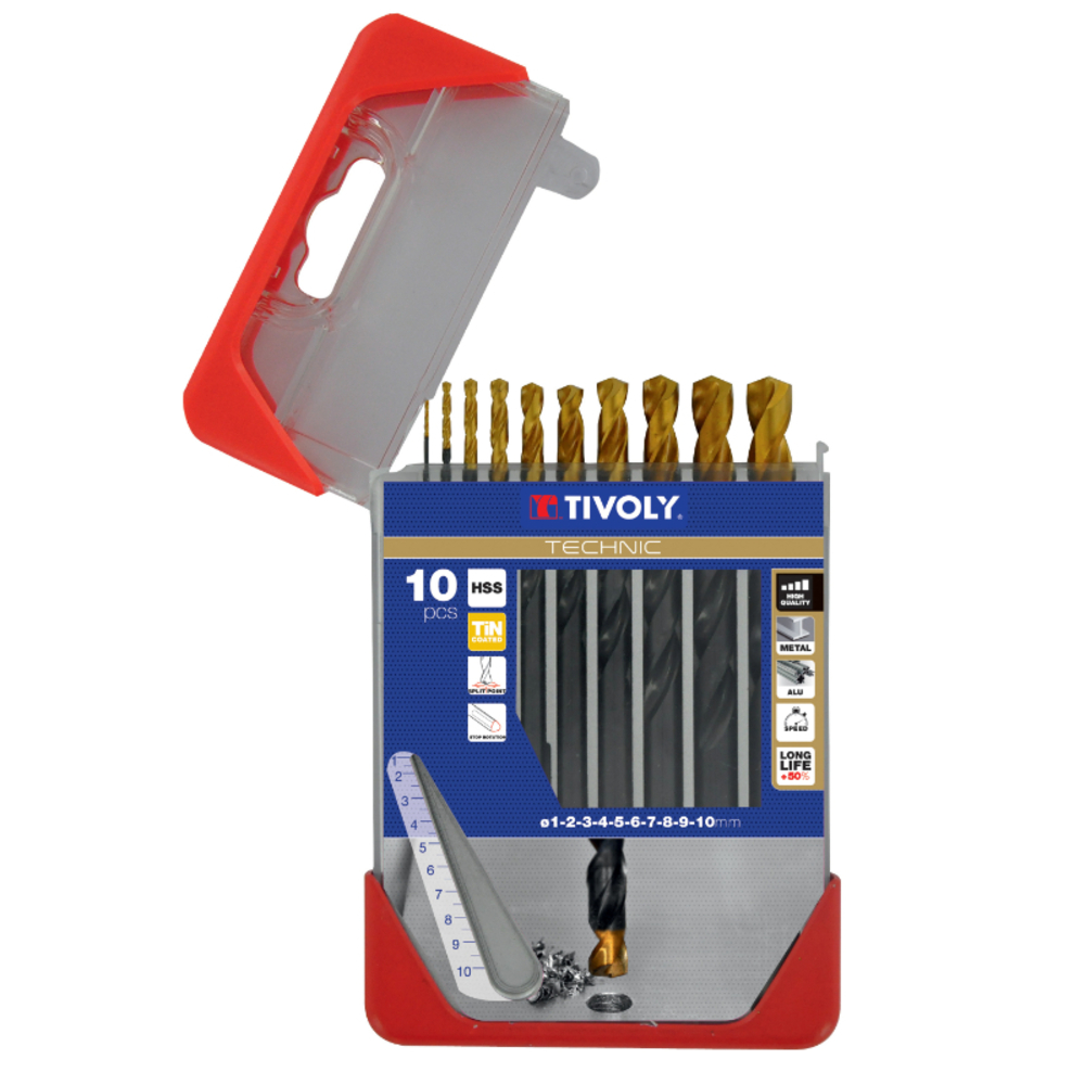 10 forets métaux HSS STEAM revêtus TiN taillés meulés pointe en croix queue à 3 méplats Ø 1 à 10mm TIVOLY - 11453170001