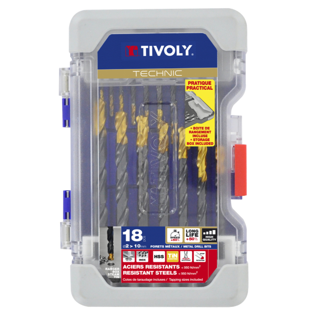 18 forets métaux HSS STEAM revêtus TiN taillés meulés pointe en croix queue à 3 méplats Ø 2 à 10mm TIVOLY - 11453170006